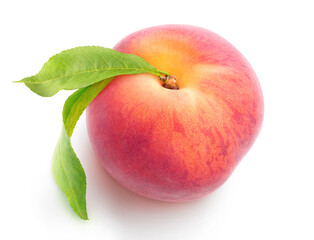 One pink peach fruit with leaves isolated on white background, top view