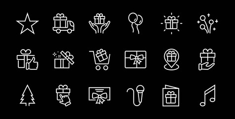 Gifts Linear Icons Set contains Gift Box, Gift Buying, Gift Delivery, Gift Geolocation mobile application, Gift notification, SMS. Editable Barcode, Vectar Icons