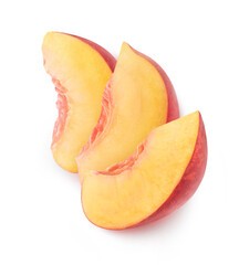 Isolated peach slices. Three pieces of peach fruit in a row on top of each other isolated on white background