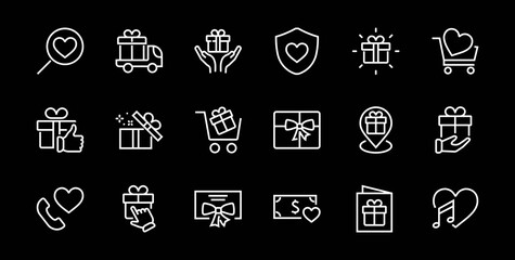 Gifts Linear Icons Set contains Gift Box, Gift Buying, Gift Delivery, Gift Geolocation mobile application, Gift notification, SMS. Editable Barcode, Vectar Icons