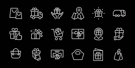 Gifts Linear Icons Set contains Gift Box, Gift Buying, Gift Delivery, Gift Geolocation mobile application, Gift notification, SMS. Editable Barcode, Vectar Icons