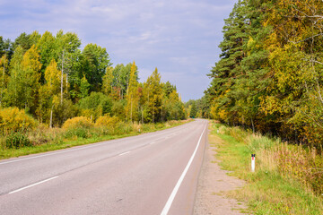 Picturesque asphalt road in autumn near the village of Melnikovo, Leningrad oblast, Russia