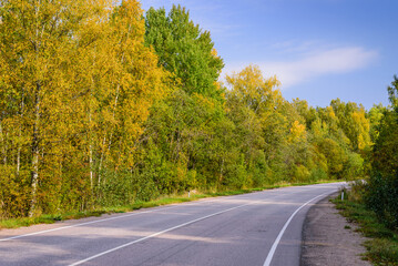 Picturesque asphalt road in autumn near the village of Melnikovo, Leningrad oblast, Russia