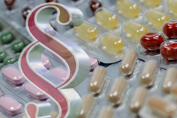 Paragraf und Tabletten, Arzneimittelverordnung, symbolische Darstellung