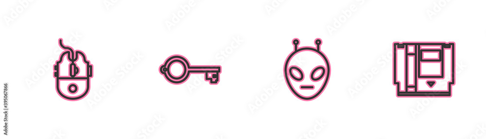 Aufkleber set line computer mouse gaming, alien, ancient key for game and cartridge icon. vector.