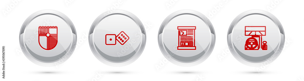Poster set line shield for game, game dice, guide and racing simulator cockpit. silver circle button. vecto