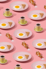 Breakfast pattern with, coffee, eggs, bread and a tiger