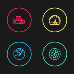Fototapeta na wymiar Set line Speedometer, Car wheel, and engine icon. Vector.