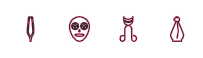 Set line Eyebrow tweezers, Eyelash curler, Facial cosmetic mask and Perfume icon. Vector.