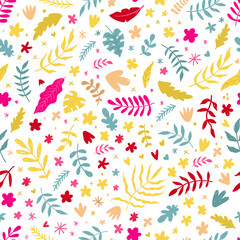 Vector seamless floral pattern in doodle style. Bright pattern with flowers, hearts and branches.