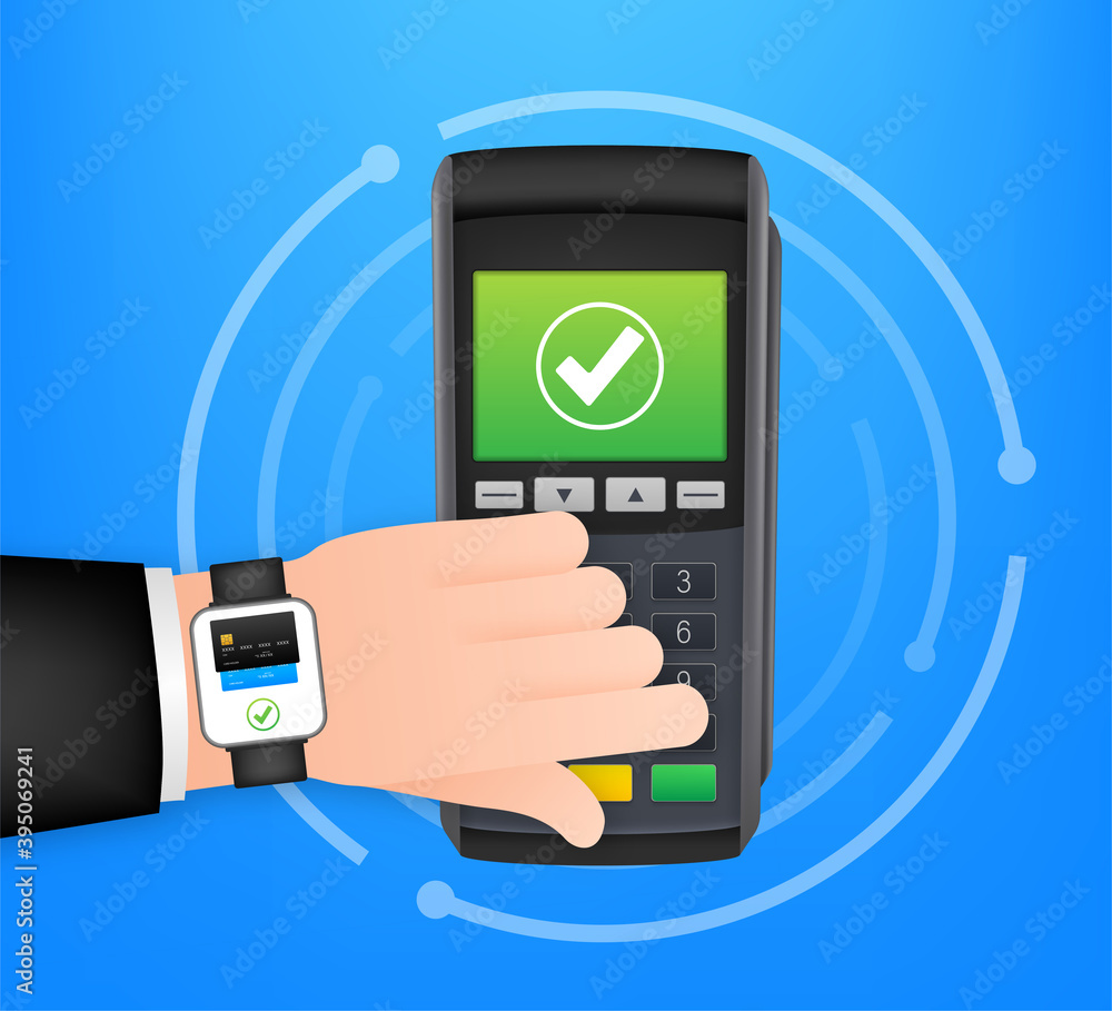 Sticker Contactless Payment Methods Mobile smart watch and wireless POS Terminal realistic style. Vector stock illustration