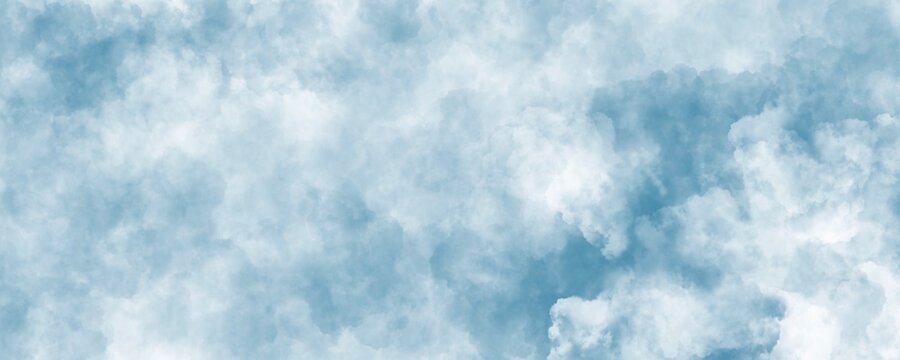 Sfondo blu acquerello con trama nuvolosa e grunge marmorizzato, nebbia morbida e illuminazione nebulosa e colori pastello. Banner web lungo.