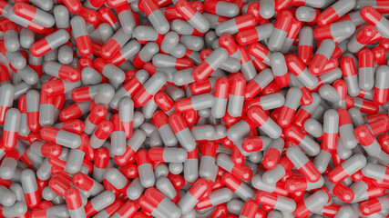 red and white antibiotic medicine pill capsules on table for care health. 3D render Illustration