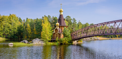 Sightseeing of Russia. The Church of St. Andrew on Vuoksa lake, Leningradskaya oblast, Russia