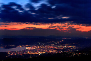 VOLOS CITY, MAGNESIA, THESSALY, GREECE. Panoramic night view of Volos city from Pelion mountain. 