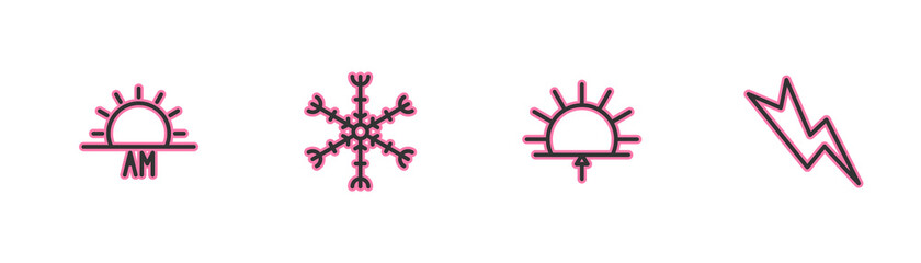 Set line Sunrise, , Snowflake and Lightning bolt icon. Vector.