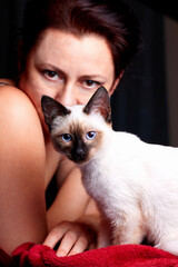 A little Mekong Bobtail kitten and woman