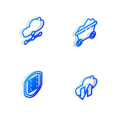 Set Isometric line Coal mine trolley, Network cloud connection, Server with shield and Cloud download and upload icon. Vector.