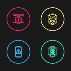 Set line Mobile with exclamation mark, Server shield, Shield settings gear and Browser icon. Vector.