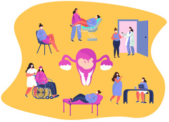 Gynecologist doing Medical Examination of Pregnant with Stethoscope. Gynecology Obstetrics Clinic.Pregnant Visiting Gynecologist.Female Consultation.Artificial insemination.Flat Vector Illustration