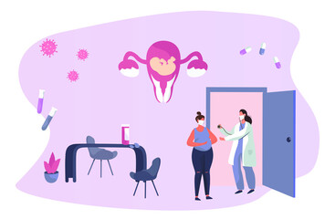 Gynecologist doing Medical Examination of Pregnant in Quarantine.Gynecology Obstetrics Clinic.Pregnant Visiting Gynecologist.Female Consultation.Artificial Insemination.Flat Vector Illustration