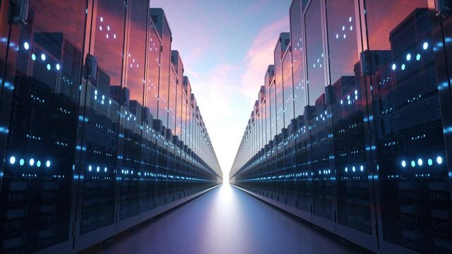 Cloud computing and computer networking concept: rows of network servers against blue sky with clouds