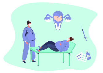 Gynecologist doing Medical Examination of Pregnant in Quarantine.Gynecology Obstetrics Clinic.Pregnant Visiting Gynecologist.Female Consultation.Artificial Insemination.Flat Vector Illustration