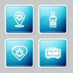 Set line Location and marijuana, Marijuana or cannabis olive oil, leaf in heart and Digital alarm clock icon. Vector.
