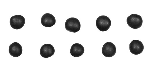 Set black beluga lentils isolated on white background, top view and macro