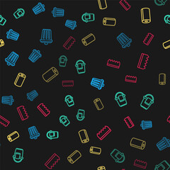 Set line Trash can, Bucket with rag, Paper towel roll and Sponge bubbles on seamless pattern. Vector.