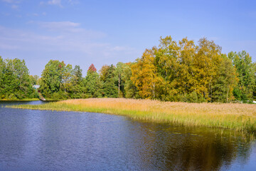 Beautiful landscape with lake in the fall. Vuoksa lake - a picturesque lake in Leningradskaya oblast, Russia