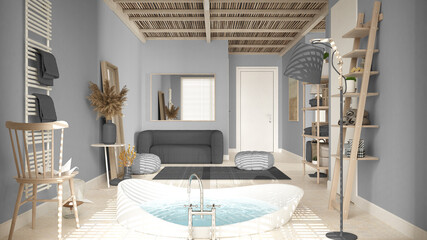 Cosy wooden peaceful bathroom in gray tones, big bathtub, ceramic tiles floor, carpet, round poufs, shelves and lamps, mirror and soft sofa, spa, hotel suite, modern interior design