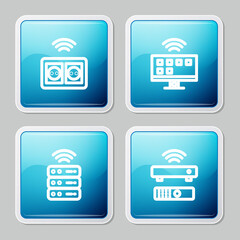 Set line Smart electrical outlet, Tv system, server and Wireless TV box receiver icon. Vector.