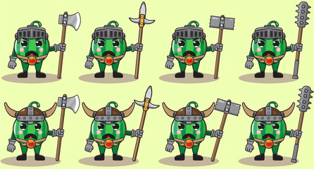 Cartoon of cute Watermelon Emotion set 8 knight two handed.