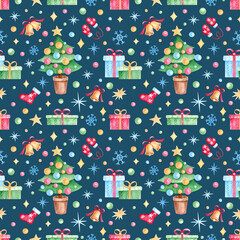 Watercolor seamless Christmas pattern with gifts boxes, socks, bells, candy,Christmas tree, stars and snowflakes. Bright watercolor background for New Year wrapping paper, cards and fabrics.