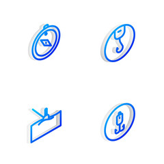 Set Isometric line Fishing hook, Compass, float water and icon. Vector.