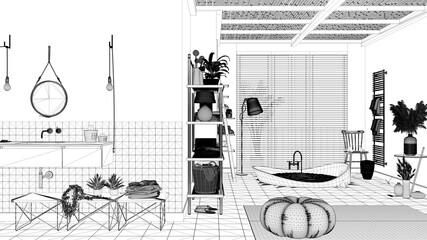 Blueprint project draft, cosy peaceful bathroom, big bathtub, ceramic tiles, sink with mirror, carpet, pouf, shelves, window with blinds, spa, hotel suite, modern interior design