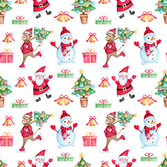 Christmas seamless pattern with cartoon characters: cute Bull, Santa, Snowman, Christmas tree, gifts, bells. Hand drawn watercolor background for Christmas and New Year decoration.