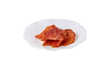 Pork chips in a plate on a white background