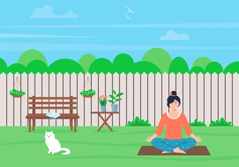 Young woman meditating in nature. Female character is sitting in the lotus position. Woman doing yoga in the backyard of the house. Concept meditation, relax, recreation, healthy lifestyle.