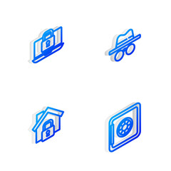 Set Isometric line Incognito mode, Laptop and lock, House under protection and Safe icon. Vector.