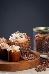 .Delicious homemade panettone with natural fermentation. Chocolate and hazelnut filling.Copy space