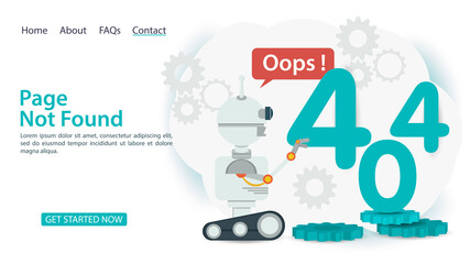 oops 404 error page not found banner Internet connection problems robot clicks the number four for websites and mobile apps Flat vector illustration
