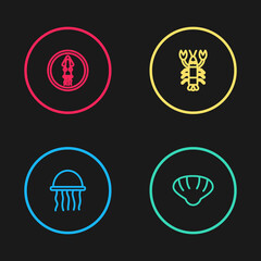 Set line Jellyfish, Scallop sea shell, Lobster and Octopus on plate icon. Vector.