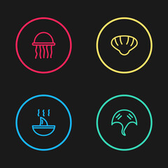 Set line Shark fin soup, Stingray, Scallop sea shell and Jellyfish icon. Vector.