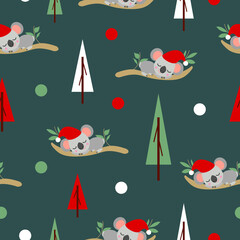 Seamless pattern with koala babies in red Christmas hats sleeping on eucalyptus. Fir trees. Tidewater green background. White, red and green round confetti. Post cards, textile,wallpaperwrapping paper