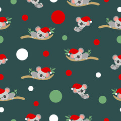 Seamless pattern with koala babies in red Christmas hats sleeping on eucalyptus branches. Tidewater Green background. White, red and green confetti. Post cards, textile, wallpaper and wrapping paper