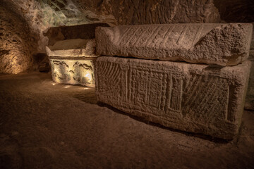 Interior of the Cave of the Coffins at Bet She'arim in Kiryat Tivon Israel. Catacombs with...