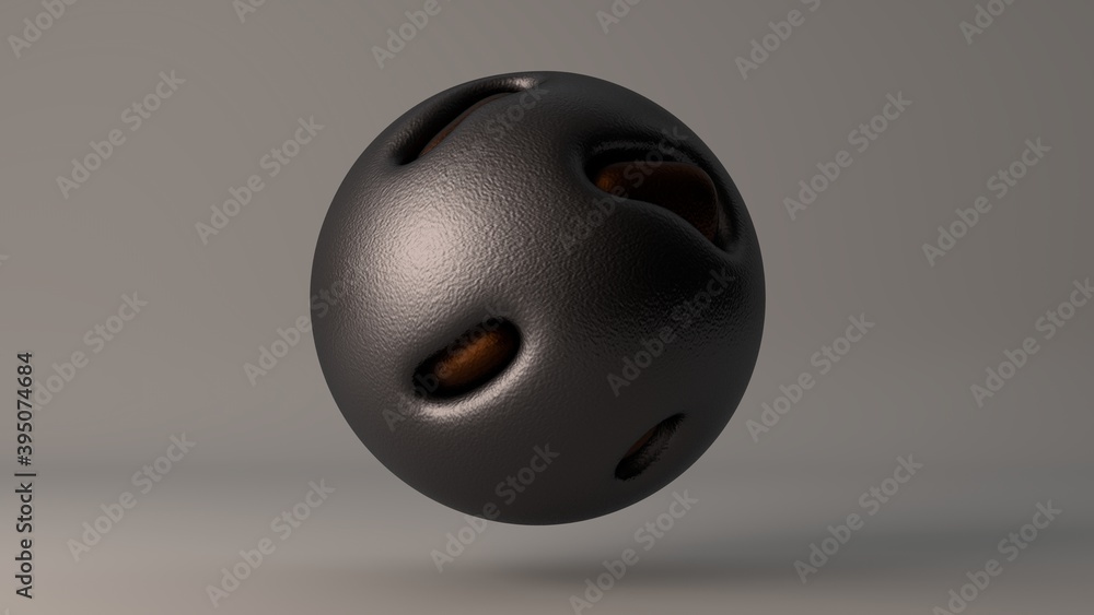 Poster 3d rendering of an abstract platinum sphere with a matte surface with protruding bronze and gold dro