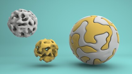 3D rendering of an abstract sphere with an elegant soft curvature on the surface, made of white and yellow material on a turquoise background. In the background, elements of an abstract ball.